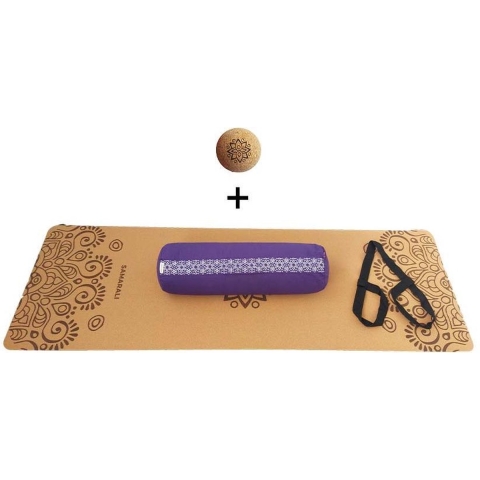 Yin Yoga set – Sun (PURPER)| Kurk yogamat| Yoga Bolster| Kurk massagebal| Draagiem| Ethisch geproduceerd uit natuurlijke materialen