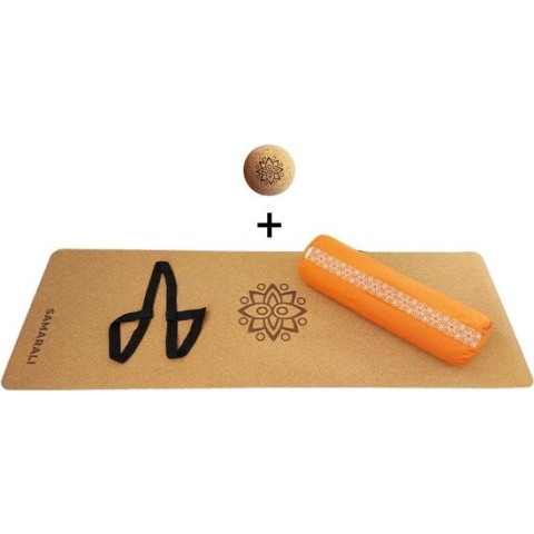 Yin Yoga set – Classic (Oranje)| Kurk yogamat| Yoga Bolster| Kurk massagebal| Draagiem| Ethisch geproduceerd uit natuurlijke materialen