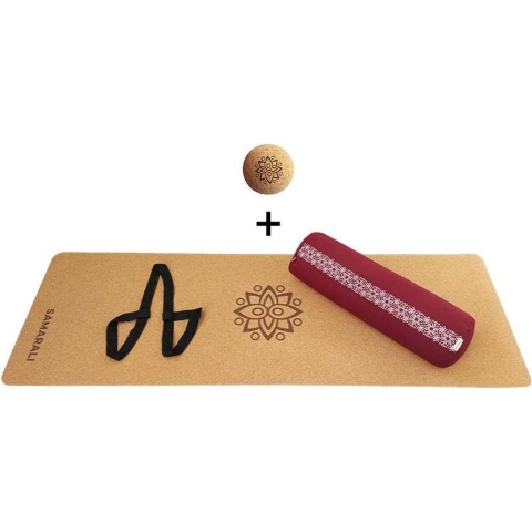 Yin Yoga set – Classic (ROOD)| Kurk yogamat| Yoga Bolster| Kurk massagebal| Draagiem| Ethisch geproduceerd uit natuurlijke materialen