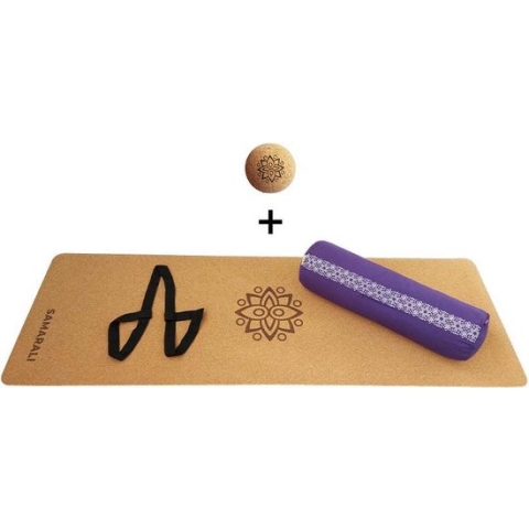 Yin Yoga set – Classic (Purper)| Kurk yogamat| Yoga Bolster| Kurk massagebal| Draagiem| Ethisch geproduceerd uit natuurlijke materialen