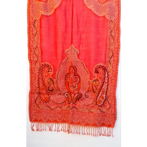 Geborduurde wollen dames sjaal in oranjerood- 70 x 180 cm