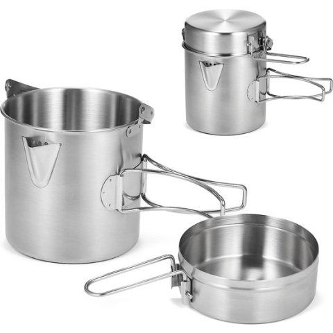 Campingpan, 1 liter, roestvrij staal, beker, koken, waterkoker met deksel en handgreep, voor kamperen, wandelen, vissen, picknick