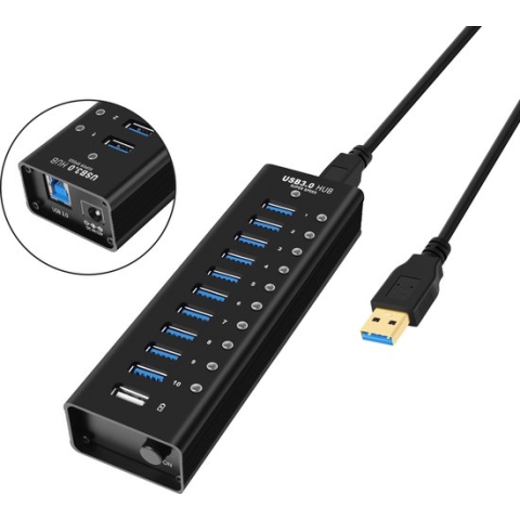 NÖRDIC USB-HUB410 USB Hub - 11 Poorten - USB 3.0 - 5Gbps - Met schakelaar - Zwart