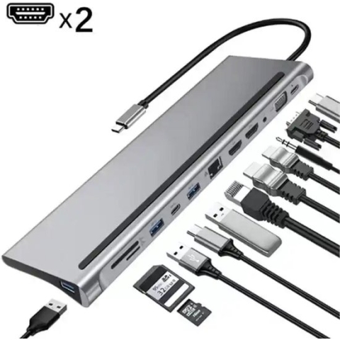Docking Station met 2x HDMI 4K- USB C HUB 12 in 1- Ethernet, 2x USB 3.0, 2x USB C opladen, Micro/SD card reader Hub – USB Splitter - Geschikt voor Apple Macbook en Windows laptop