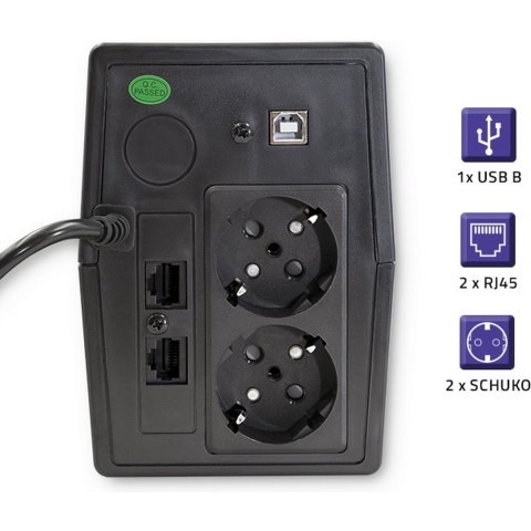 Qoltec ononderbroken stroomvoorziening | Monoliet | 650 VA | 360W | LCD-scherm | USB | RJ45.
