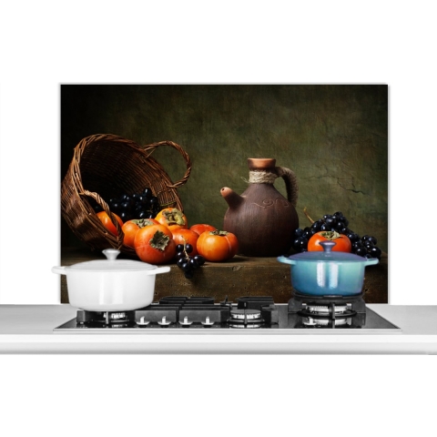 Spatscherm Keuken - Kookplaat Achterwand - Spatwand Fornuis - 100x65 cm - Rustiek - Fruit - Kan - Mand - Stilleven - Aluminium - Wanddecoratie - Muurbeschermer - Hittebestendig - Spatwand