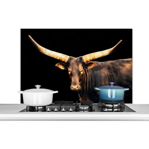 Spatscherm Keuken - Kookplaat Achterwand - Spatwand Fornuis - 100x65 cm - Koe- Watussi - Bruin - Aluminium - Wanddecoratie - Muurbeschermer - Hittebestendig