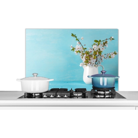 Spatscherm Keuken - Kookplaat Achterwand - Spatwand Fornuis - 90x60 cm - Stilleven - Sakura - Kan - Aluminium - Wanddecoratie - Muurbeschermer - Hittebestendig