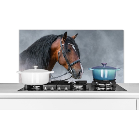 Spatscherm Keuken - Kookplaat Achterwand - Spatwand Fornuis - 100x50 cm - Paard - Rook - Halster - Aluminium - Wanddecoratie - Muurbeschermer - Hittebestendig