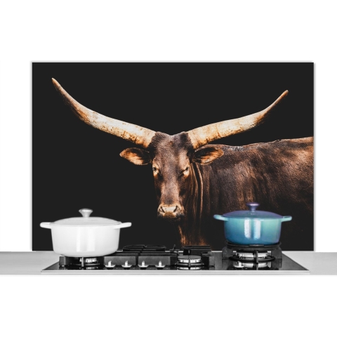 Spatscherm Keuken - Kookplaat Achterwand - Spatwand Fornuis - 120x80 cm - Koe- Watussi - Zwart - Aluminium - Wanddecoratie - Muurbeschermer - Hittebestendig
