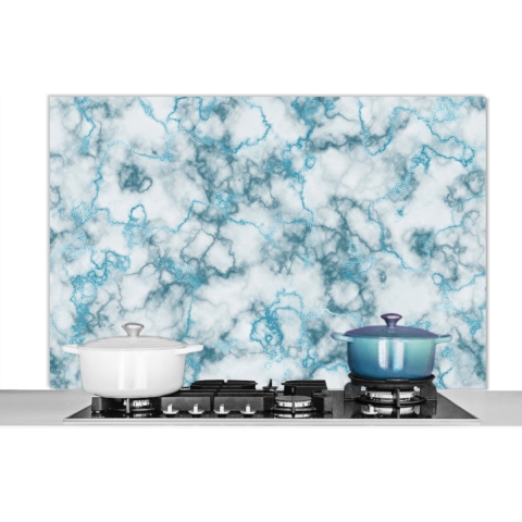 Spatscherm Keuken - Kookplaat Achterwand - Spatwand Fornuis - 120x80 cm - Marmer - Blauw - Lijn - Aluminium - Wanddecoratie - Muurbeschermer - Hittebestendig