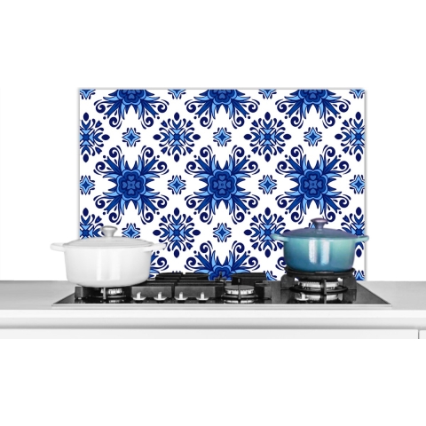 Spatscherm Keuken - Kookplaat Achterwand - Spatwand Fornuis - 90x60 cm - Tegel - Bloem - Blauw - Patroon - Aluminium - Wanddecoratie - Muurbeschermer - Hittebestendig
