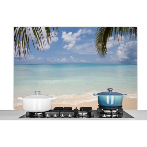 Spatscherm Keuken - Kookplaat Achterwand - Spatwand Fornuis - 120x80 cm - Uitzicht vanaf Grand Cayman op de heldere Caraïbische zee - Aluminium - Wanddecoratie - Muurbeschermer - Hittebestendig