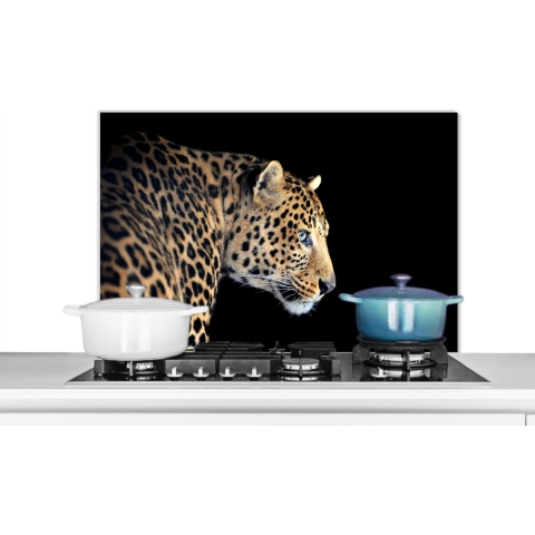 Spatscherm Keuken - Kookplaat Achterwand - Spatwand Fornuis - 80x55 cm - Luipaard - Profiel - Zwart - Aluminium - Wanddecoratie - Muurbeschermer - Hittebestendig