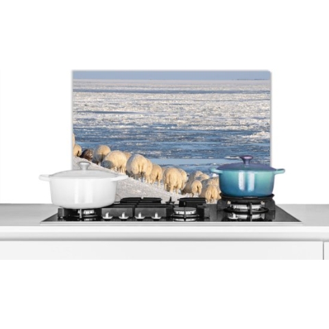 Spatscherm Keuken - Kookplaat Achterwand - Spatwand Fornuis - 70x50 cm - Schaap - Waddeneilanden - Zee - Aluminium - Wanddecoratie - Muurbeschermer - Hittebestendig
