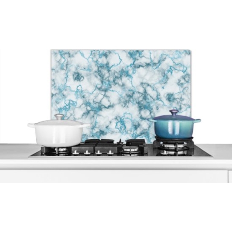 Spatscherm Keuken - Kookplaat Achterwand - Spatwand Fornuis - 60x40 cm - Marmer - Blauw - Lijn - Aluminium - Wanddecoratie - Muurbeschermer - Hittebestendig