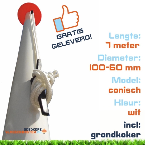 Vlaggenmast BASIC 7 meter aluminium conisch ø 100-60 mm, wit incl. knop, kikker, koord en geleide-oog en grondkoker - 1207W1A