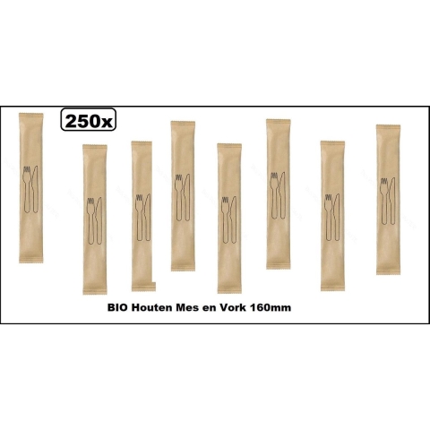 250x BIO Houten Mes en Vork 160mm per stuk verpakt - Take away food eten restaurant festival thema feest BBQ FSC