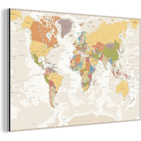 Wanddecoratie Metaal - Aluminium Schilderij Industrieel - Wereldkaart - Retro - Kleuren - Educatief - Staatkundig - 150x100 cm - Dibond - Foto op aluminium - Industriële muurdecoratie - Voor de woonkamer/slaapkamer