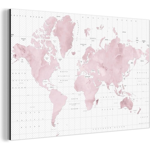 Wanddecoratie Metaal - Aluminium Schilderij Industrieel - Wereldkaart - Roze - Marmer - 180x120 cm - Dibond - Foto op aluminium - Industriële muurdecoratie - Voor de woonkamer/slaapkamer