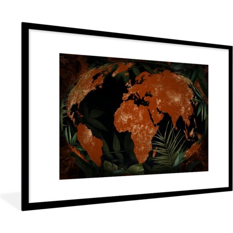 Fotolijst incl. Poster - Wereldkaart - Planten - Wereldbol - 120x80 cm - Posterlijst