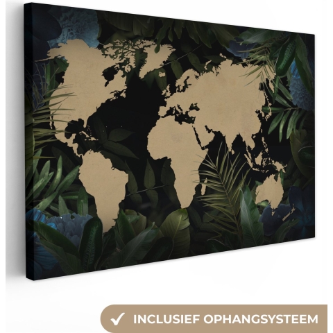 Canvas Wereldkaart - 180x120 - Wanddecoratie Wereldkaart - Zwart - Bladeren