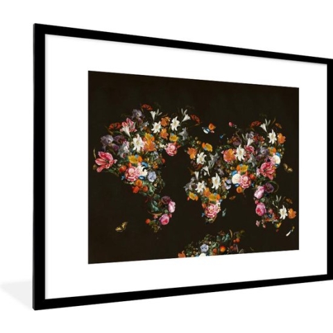 Fotolijst incl. Poster - Wereldkaart - Bloemen - Insecten - 80x60 cm - Posterlijst