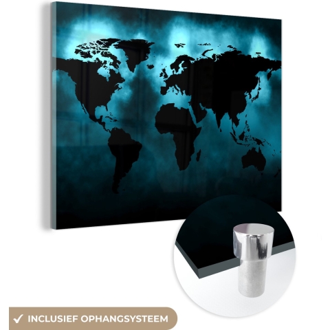MuchoWow® Glasschilderij - Wereldkaart - Zwart - Blauw - 120x90 cm - Acrylglas Schilderijen - Foto op Glas