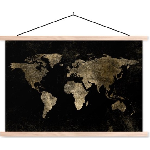 Posterhanger incl. Poster - Schoolplaat - Wereldkaart - Zwart - Goud - 150x100 cm - Blanke latten