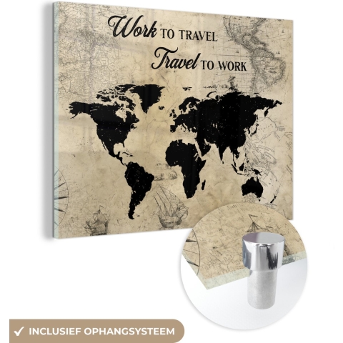 MuchoWow® Glasschilderij - Wereldkaart - Retro - Boot - Quote - 160x120 cm - Acrylglas Schilderijen - Foto op Glas