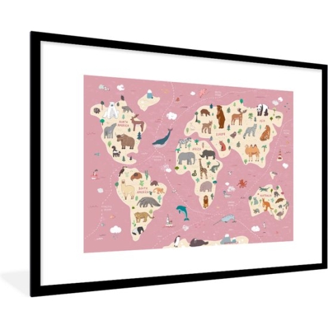 Poster in fotolijst kinderen - Wanddecoratie meisjes - Wereldkaart - Dieren - Aarde - Jongens - Meiden - Roze - Kinder decoratie - 90x60 cm - Poster in fotolijst wereldkaart