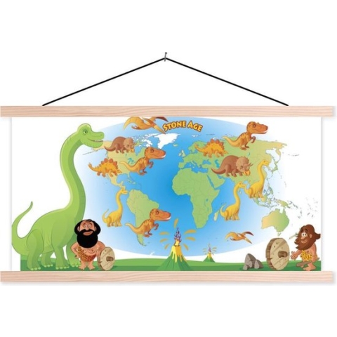 Textielposter - Wereldkaart Kinderen - Dinosaurus - Vulkaan - 150x75 cm - Schoolplaat - Textiel poster