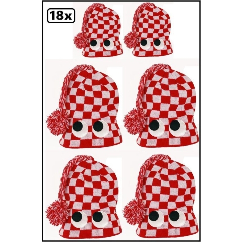 18x Gebreide muts rood/wit met ogen