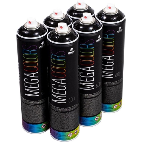 MTN Mega Colors - 6x Zwarte spuitbus pakket - 6 stuks 600ml spuitverf - Hoge dekking, glossy afwerking