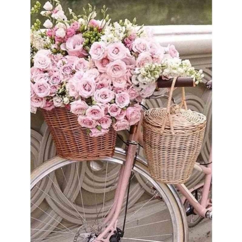 Diamond painting - Fiets met roze rozen in een mand - Geproduceerd in Nederland - 50 x 70 cm - dibond materiaal - vierkante steentjes - Binnen 2-3 werkdagen in huis