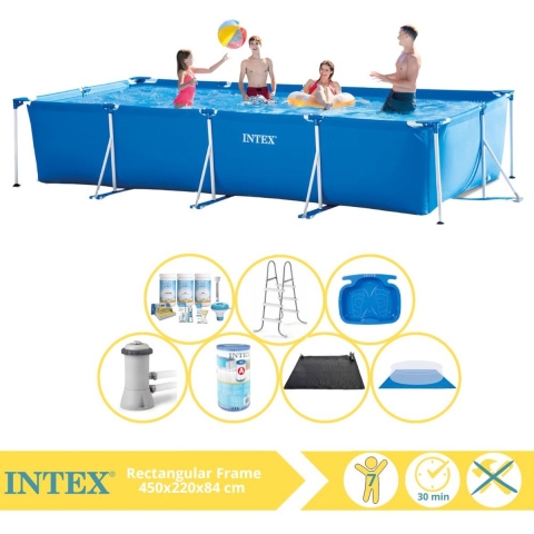 Intex Rectangular Frame Zwembad - Opzetzwembad - 450x220x84 cm - Inclusief Onderhoudspakket, Zwembadpomp, Filter, Grondzeil, Solar Mat, Trap en Voetenbad