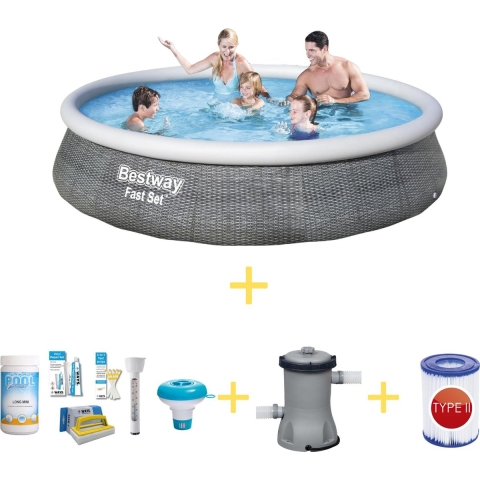 Bestway Zwembad - Fast Set - 396 x 84 cm - Inclusief WAYS Onderhoudspakket, Filterpomp & Filter