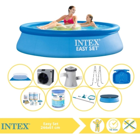 Intex Easy Set Zwembad - Opblaaszwembad - 244x61 cm - Inclusief Afdekzeil, Onderhoudspakket, Filter, Grondzeil, Onderhoudsset, Trap, Voetenbad en Warmtepomp CP