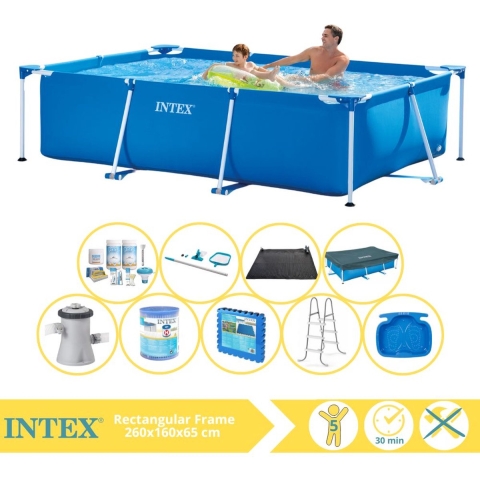 Intex Rectangular Frame Zwembad - Opzetzwembad - 260x160x65 cm - Inclusief Afdekzeil, Onderhoudspakket, Zwembadpomp, Filter, Onderhoudsset, Solar Mat, Trap, Voetenbad en Zwembadtegels