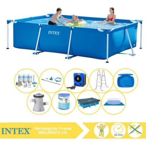 Intex Rectangular Frame Zwembad - Opzetzwembad - 300x200x75 cm - Inclusief Afdekzeil, Onderhoudspakket, Zwembadpomp, Filter, Grondzeil, Onderhoudsset, Trap, Voetenbad en Warmtepomp HS