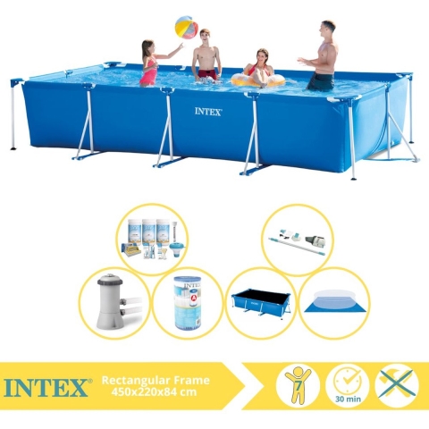 Intex Rectangular Frame Zwembad - Opzetzwembad - 450x220x84 cm - Inclusief Solarzeil Pro, Onderhoudspakket, Filter, Grondzeil en Stofzuiger