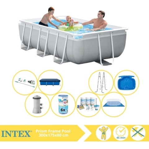 Intex Prism Frame Zwembad - Opzetzwembad - 300x175x80 cm - Inclusief Afdekzeil, Onderhoudspakket, Filter, Grondzeil, Stofzuiger en Voetenbad