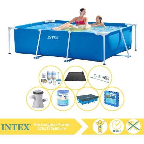 Intex Rectangular Frame Zwembad - Opzetzwembad - 220x150x60 cm - Inclusief Afdekzeil, Onderhoudspakket, Zwembadpomp, Filter, Stofzuiger, Solar Mat en Zwembadtegels