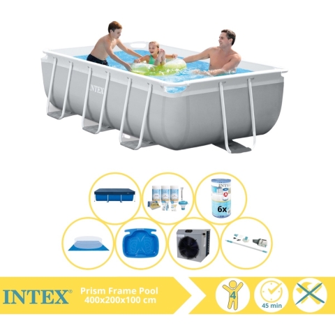 Intex Prism Frame Zwembad - Opzetzwembad - 300x175x80 cm - Inclusief Afdekzeil, Onderhoudspakket, Filter, Grondzeil, Stofzuiger, Voetenbad en Warmtepomp HS