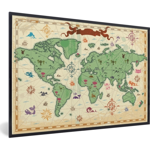 Wereldkaart - Kinderen - Piraten - Vintage - Jongens - Meisjes - Kids - Schoolplaat - Kinderkamer - 120x80 cm