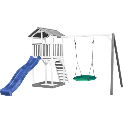 AXI Beach Tower Speeltoestel in Grijs/Wit - Speeltoren met Summer Nestschommel, Blauwe Glijbaan en Zandbak - FSC hout - Speelhuis op palen voor de tuin