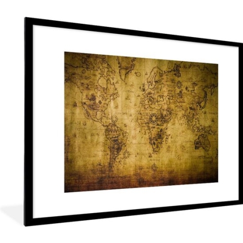 Fotolijst incl. Poster - Wereldkaart - Bruin - Vintage - 80x60 cm - Posterlijst