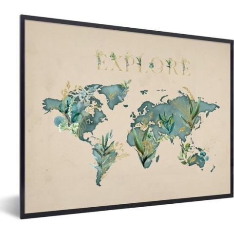 Fotolijst incl. Poster - Wereldkaart - Planten - Turquoise - 80x60 cm - Posterlijst