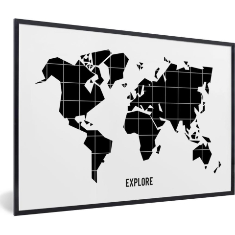 Fotolijst incl. Poster - Wereldkaart - Trendy - Zwart - 120x80 cm - Posterlijst