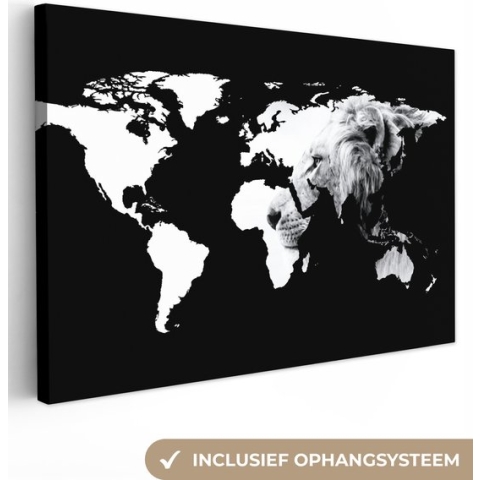Canvas Wereldkaart - 120x80 - Wanddecoratie Wereldkaart - Zwart - Wit - Leeuw